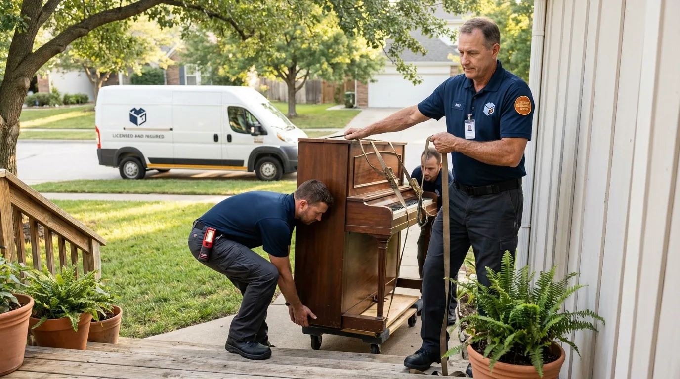 Licensed piano movers securing grand piano in South Pittsburg, TN
