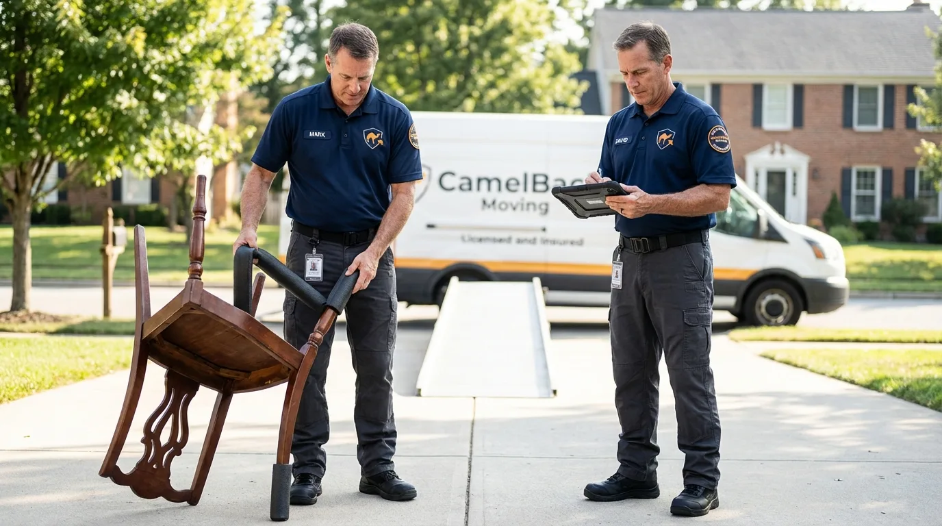 Movers inspecting furniture for damage prevention before loading in South Pittsburg, TN