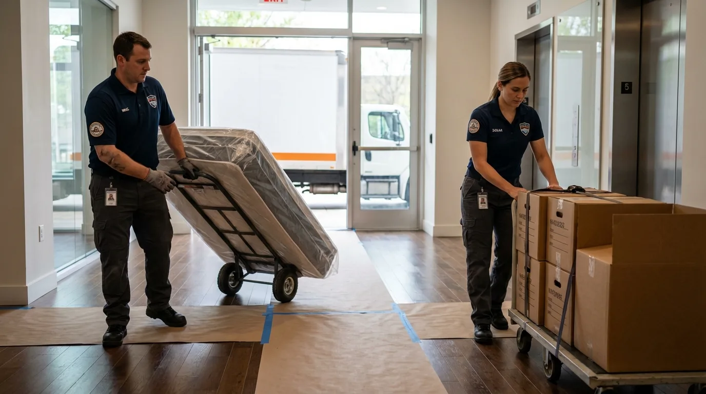 Professional apartment movers loading elevator in South Pittsburg, TN