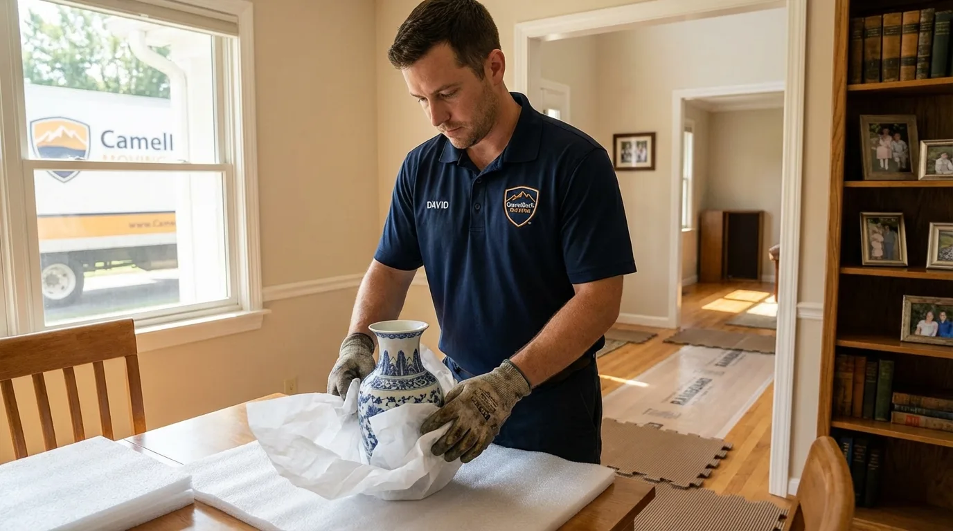 Professional crew carefully wrapping antique vase for senior downsizing move in South Pittsburg, TN